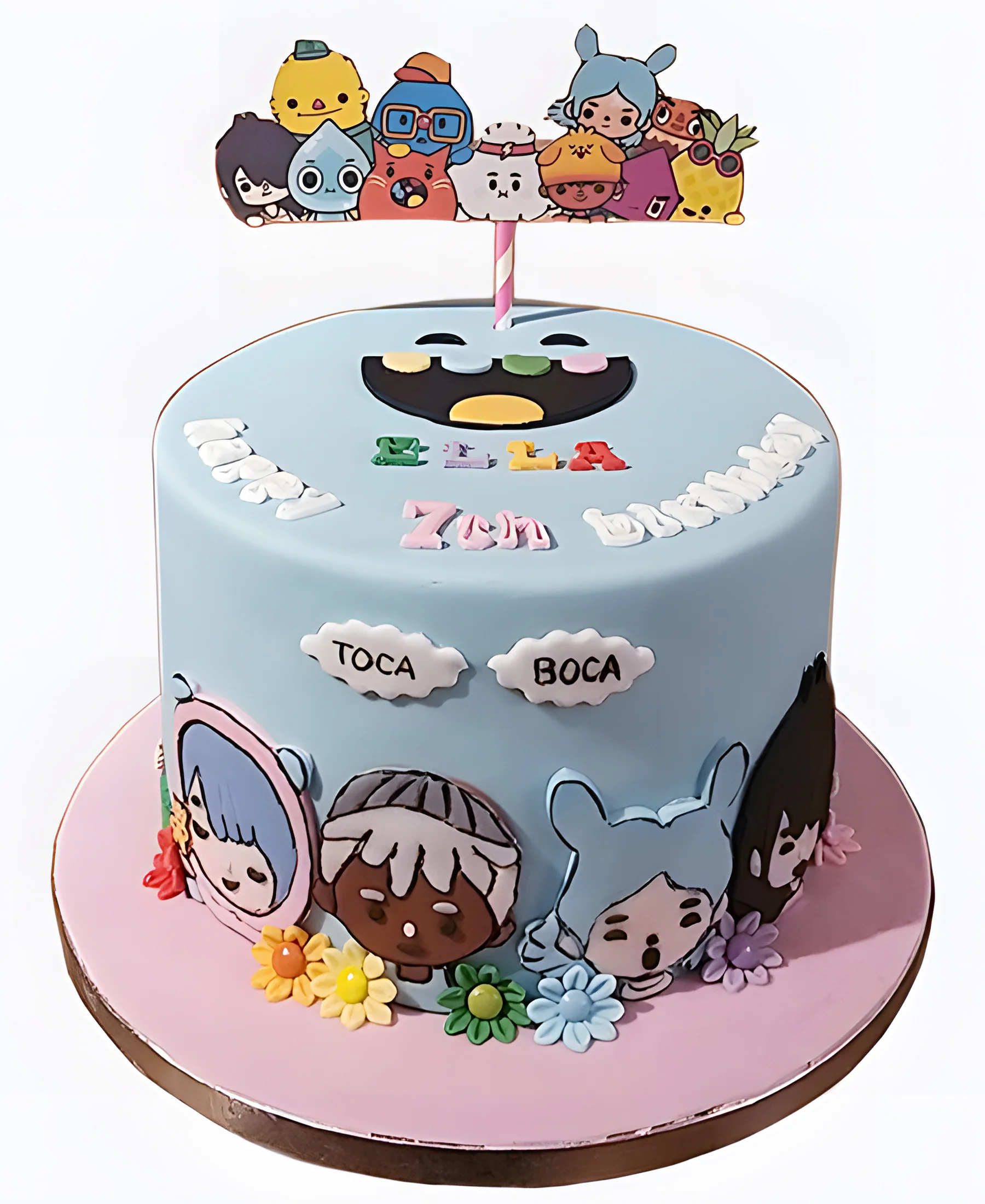 Торт голубой с топпером и цветочками Фото