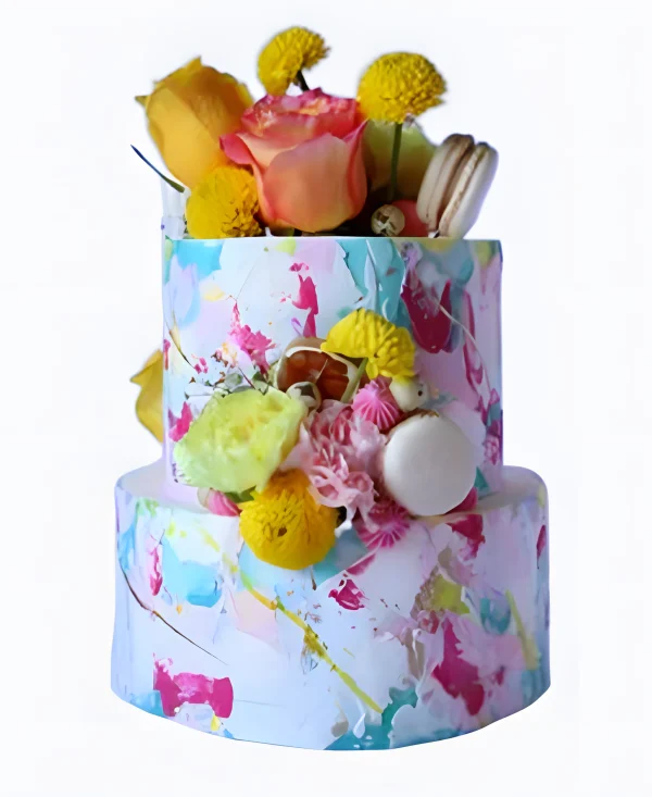 Торт коллегам яркий с цветами и макарон Фото