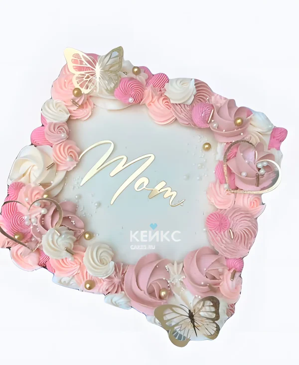 Торт на день матери с безе и бабочками Фото