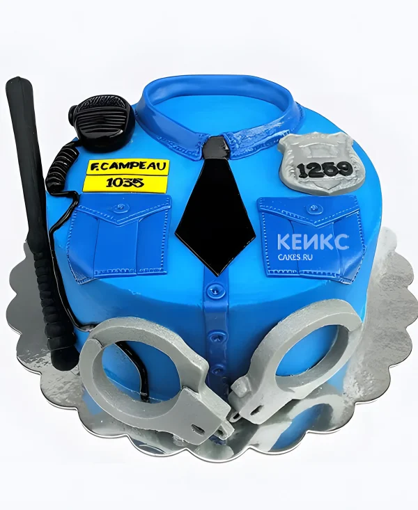 Торт на День полиции голубая рубашка с наручниками и дубинкой Фото