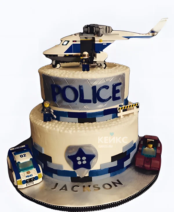 Торт на День полиции с вертолетом и машинами лего Фото