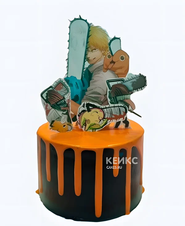 Торт на день рождения аниме Человек-бензопила черный с подтеками Фото