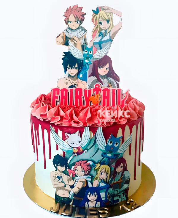 Торт на день рождения белый с кремовыми розами аниме Хвост Феи Фото