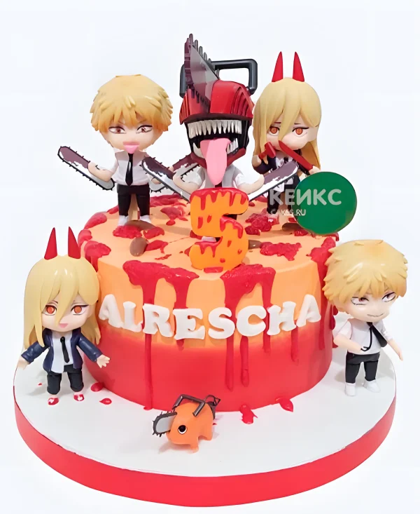 Торт на день рождения с фигурками аниме Человек-бензопила Фото