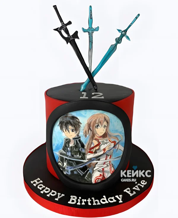 Торт на день рождения с фотопечатью и мечами Фото