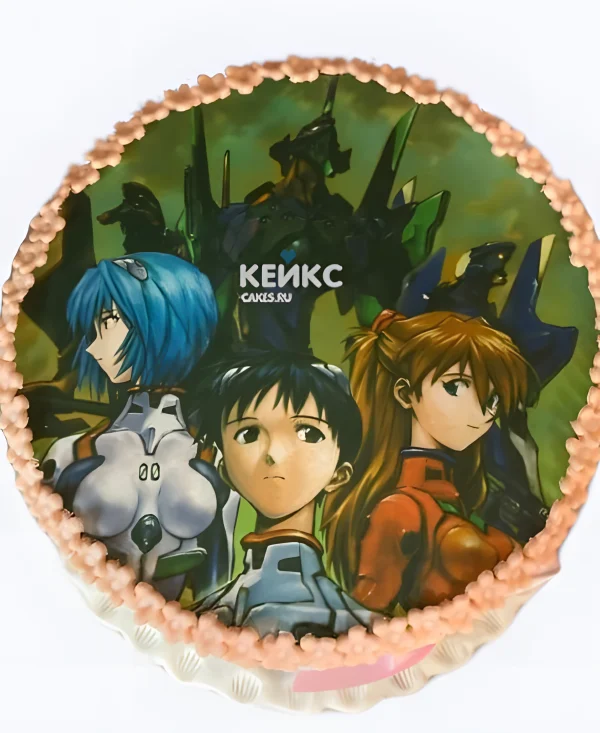 Торт на день рождения с цветочками и фотопечать аниме Евангелион Фото