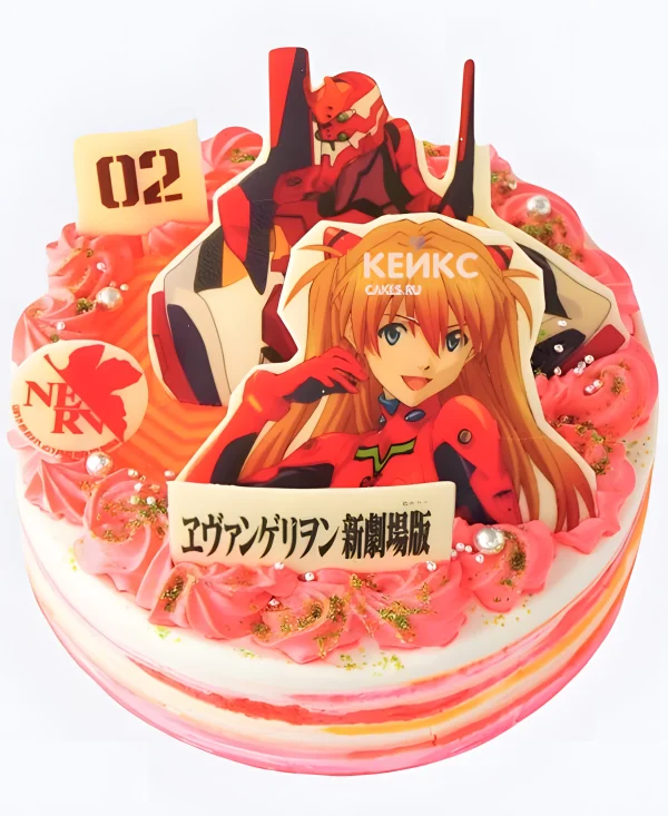 Торт на день рождения в оранжевых тонах аниме Евангелион Фото