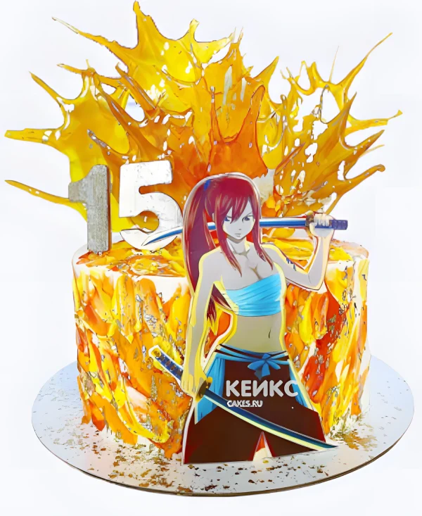 Торт на день рождения в оранжевых тонах аниме Хвост Феи Фото
