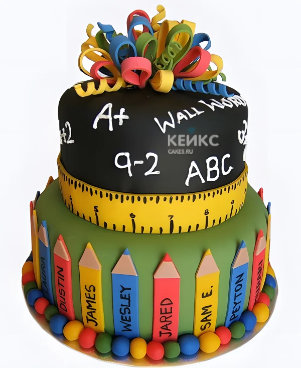 Торт на День учителя двухъярусный с ярким бантом Фото