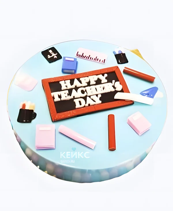 Торт на День учителя нежно-голубой с канцелярией Фото