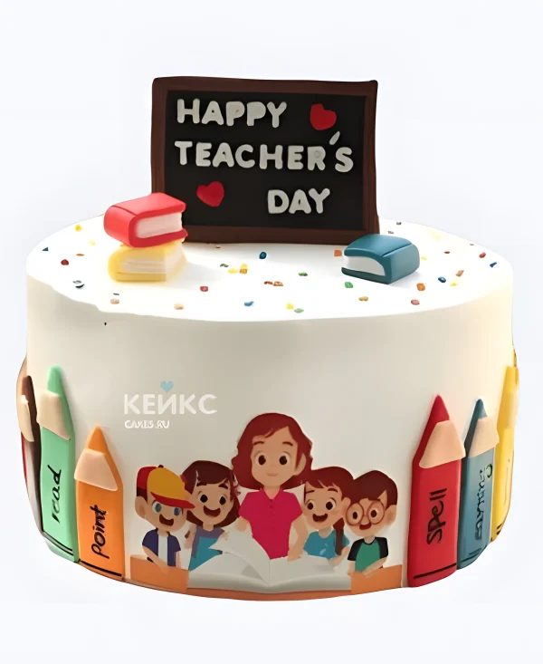 Торт на День учителя с книгами посыпкой и доской Фото