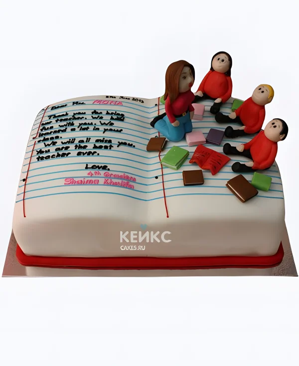 Торт на День учителя в форме тетради с фигурками Фото