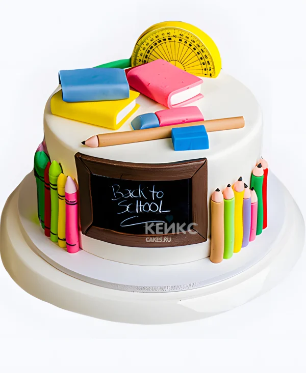 Торт на День воспитателя белый с канцелярией Фото