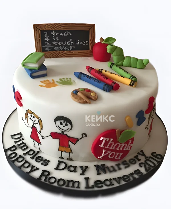 Торт на День воспитателя с доской маркерами и яблоком из мастики Фото