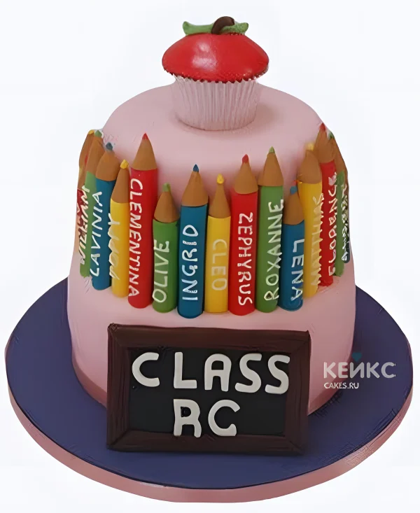 Торт на День воспитателя с карандашами и маффином Фото