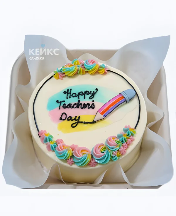 Торт на День воспитателя с радужной аппликацией Фото