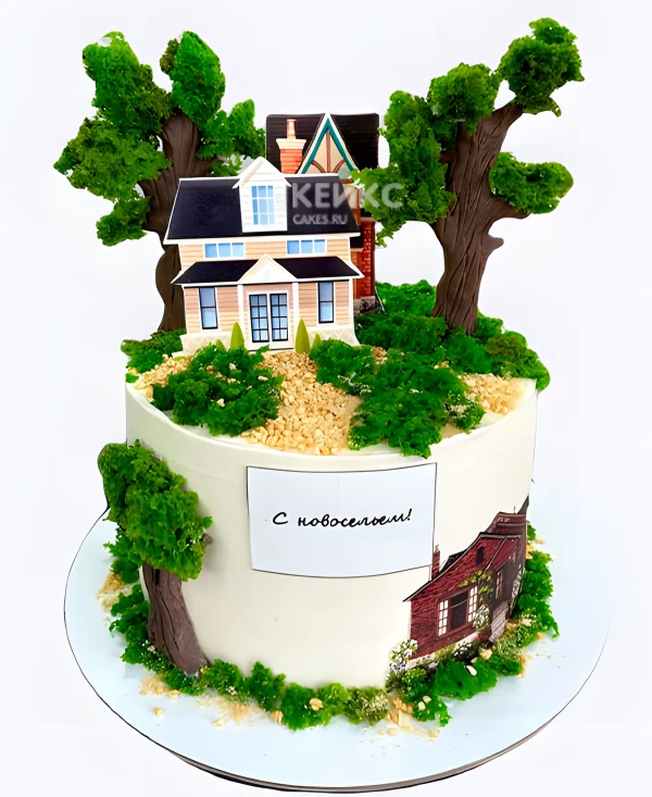 Торт на новоселье с фотопечатью и деревьями Фото
