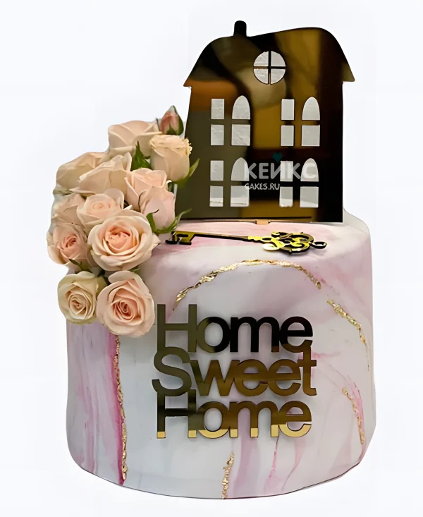 Торт на новоселье с живыми цветами Фото