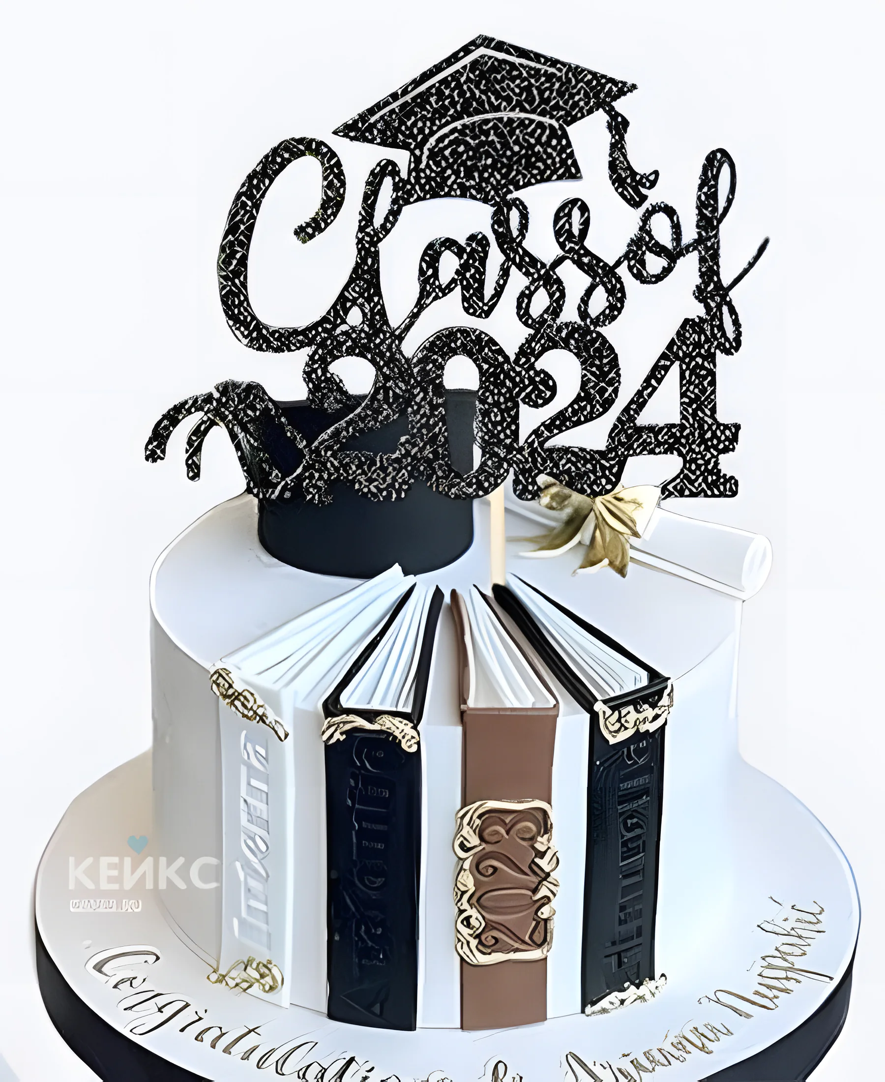 Торт на Получение диплома с книгами шапочкой и топпером Фото