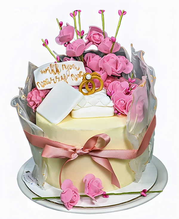 Торт на сватовство с яркими цветами и кольцами Фото