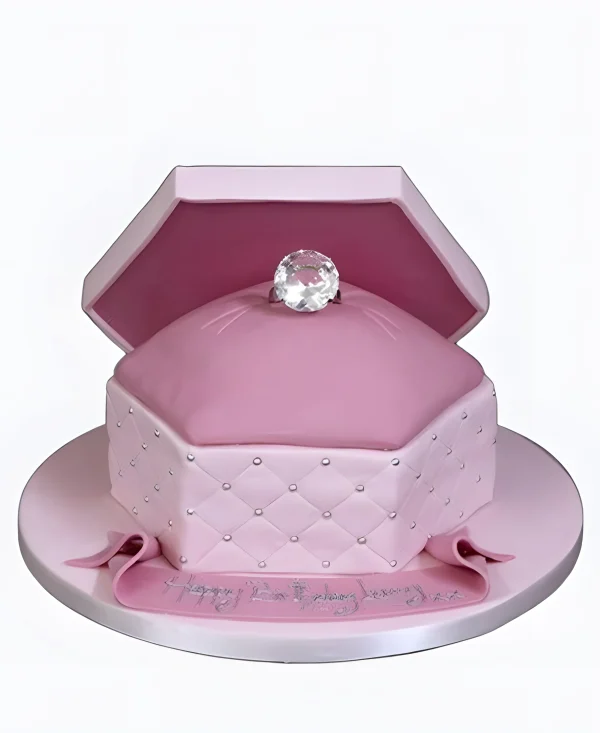 Торт на сватовство в виде розовой коробочки с кольцом Фото