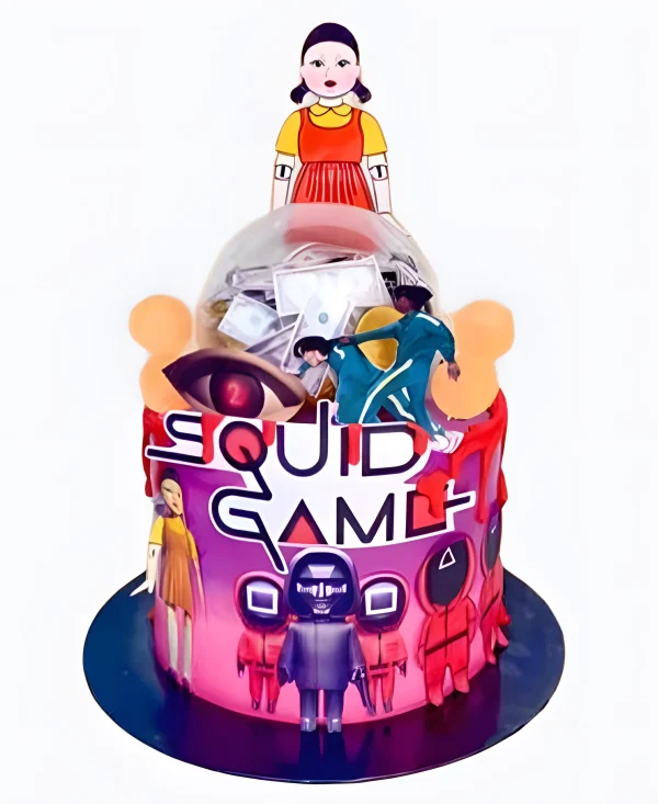 Торт розово-фиолетовый с деньгами Фото