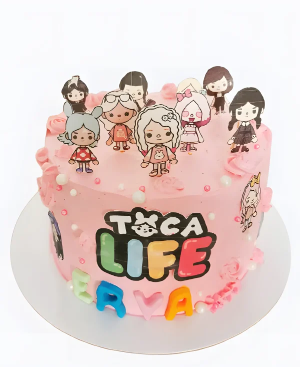 Торт розовый с девочками и кремовыми розочками Фото