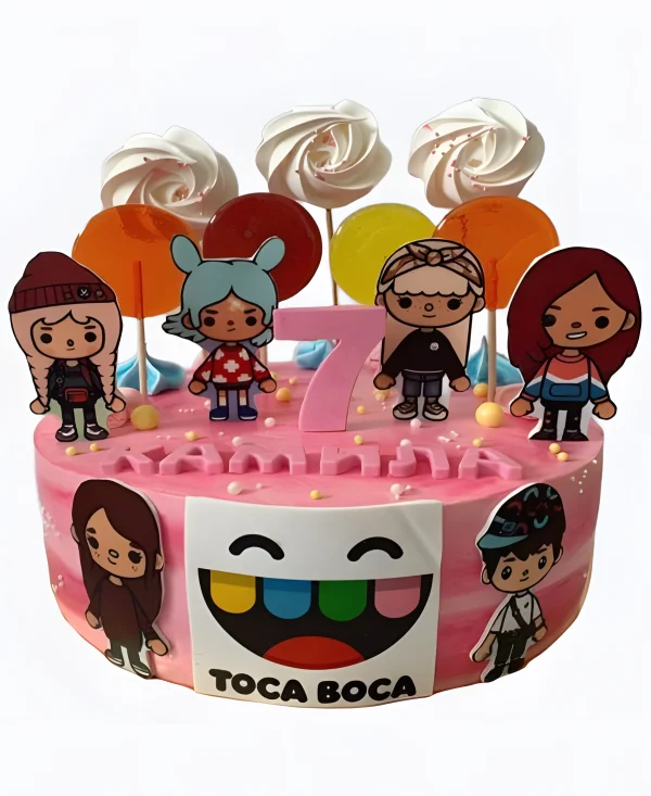 Торт розовый с зефирками и леденцами Фото