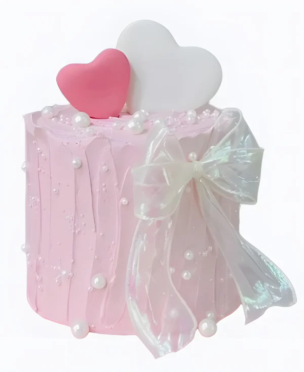 Торт розовый с жемчугом и бантом Два сердца Фото