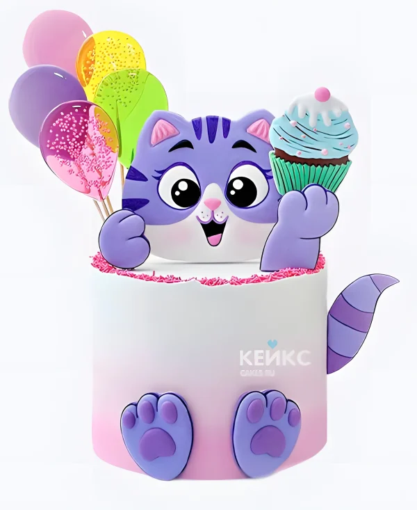 Торт с фиолетовым котиком и леденцами для девочки Фото