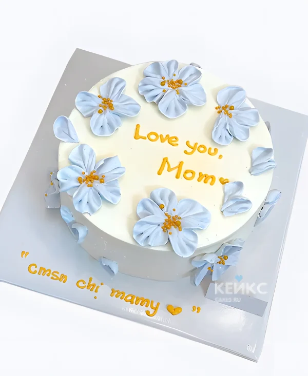 Торт с голубыми цветами на юбилей маме Фото
