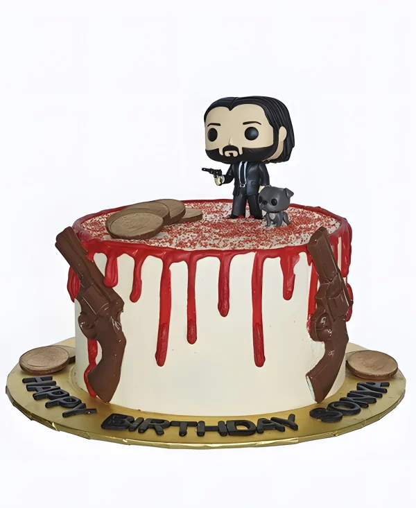 Торт с красными подтеками и мультяшной фигуркой Джона Уика Фото