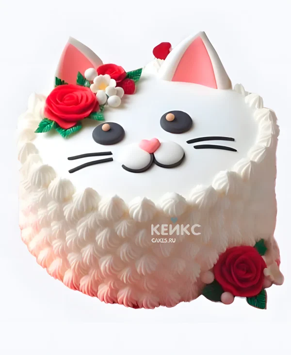 Торт с мордочкой кошечки и цветами для девочки Фото