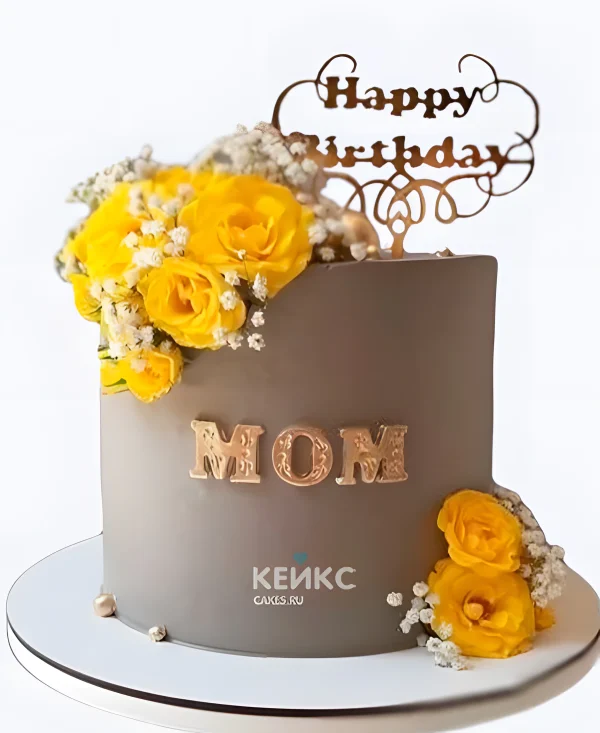 Торт с розами и гипсофилой на юбилей маме Фото