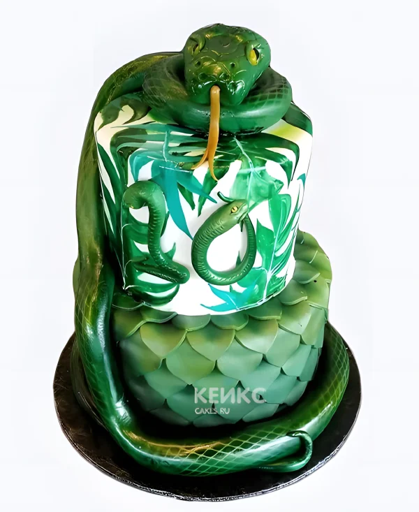 Торт двухъярусный с чешуей и змеями Фото