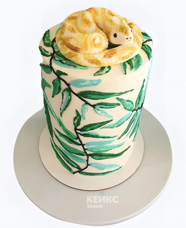 Торт желтая змея с аппликацией листвы Фото