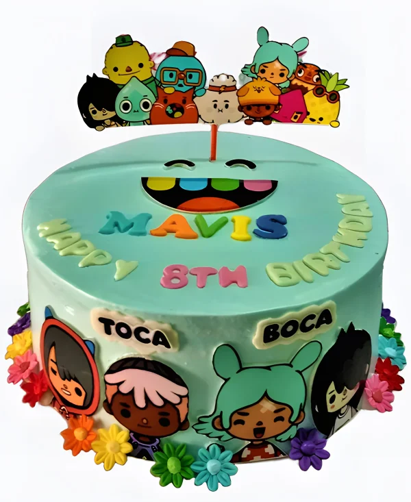 Торт Тока Бока с разноцветными цветочками Фото