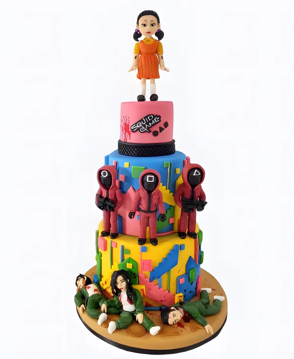 Торт трехъярусный разноцветный Фото