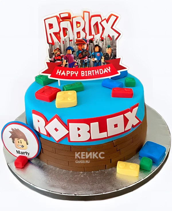 Торт в стиле Роблокс голубой с лего Фото