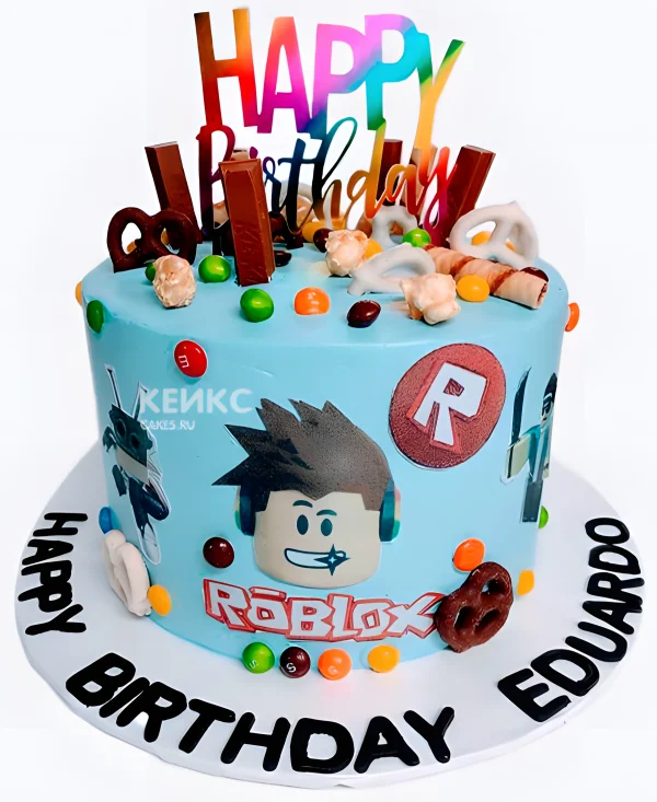Торт в стиле Роблокс голубой с M&M's Фото