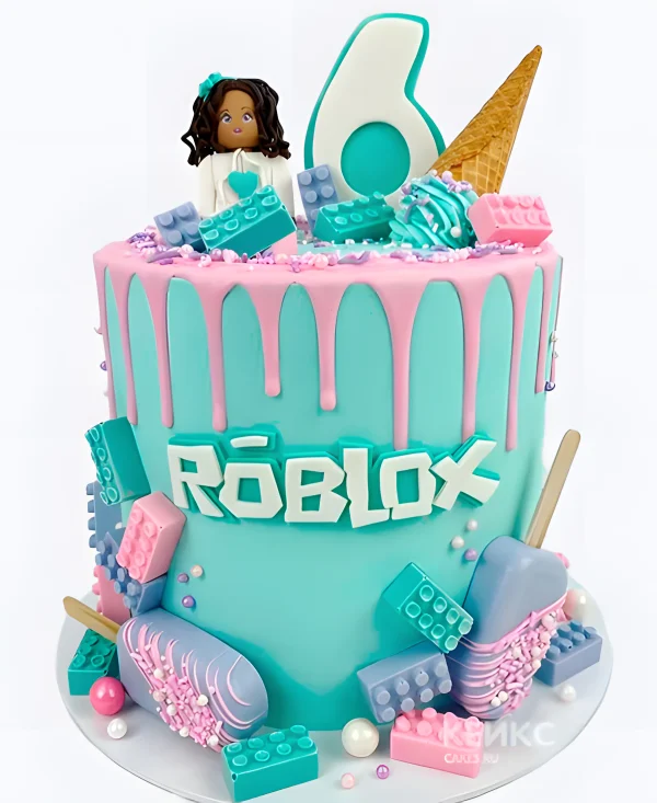 Торт в стиле Роблокс мятный со сладостями и лего Фото