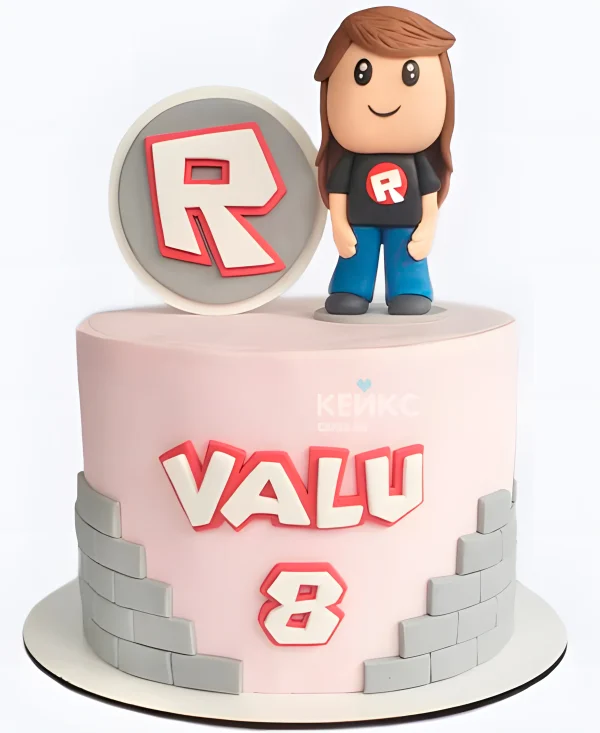 Торт в стиле Роблокс нежно-розовый с девочкой Фото