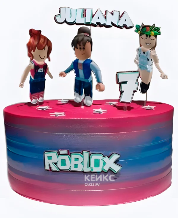Торт в стиле Роблокс розово-синий со звездами и девочками Фото