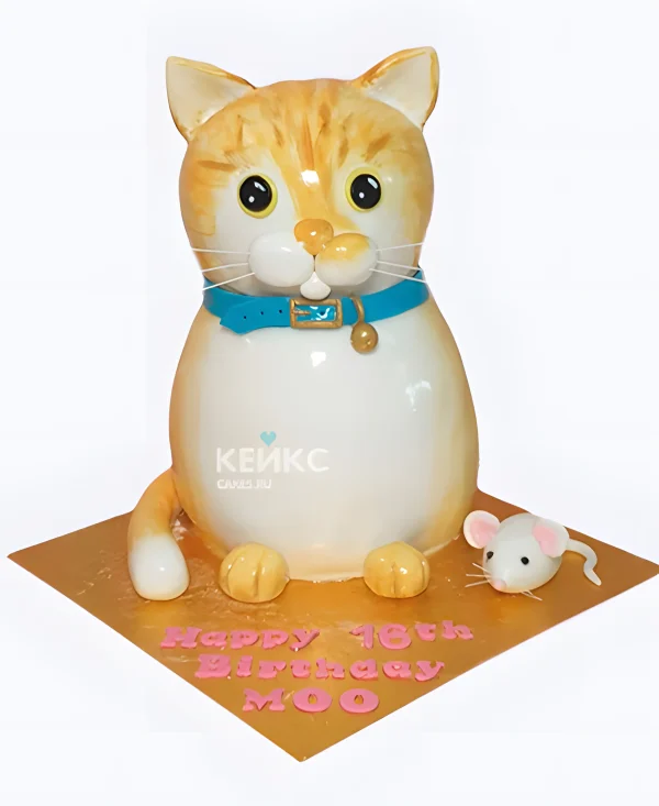 Торт в виде рыжего котика с мышкой Фото