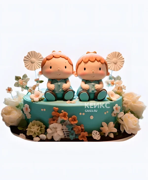 Тортик с двумя малышами и цветами для двойняшек Фото