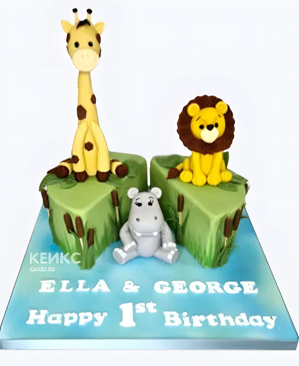 Тортик с животными на первый день рождения братьев Фото