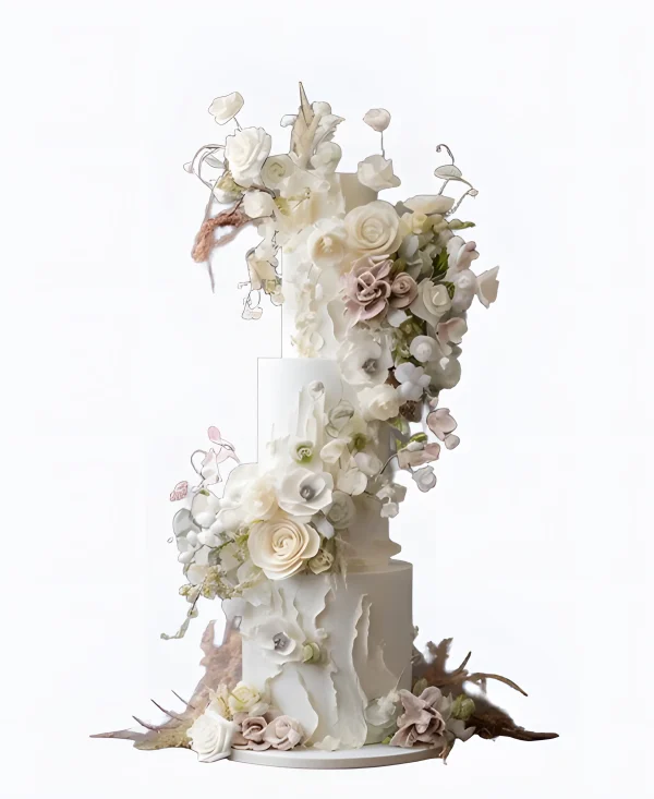 Тредовый торт с пышной композицией из цветов на свадьбу Фото
