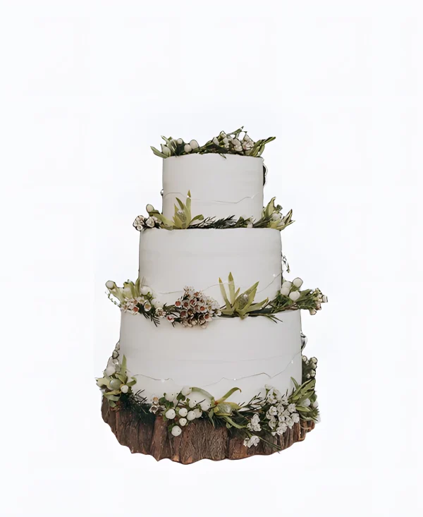 Трехъярусный трендовый торт с цветами на свадьбу Фото