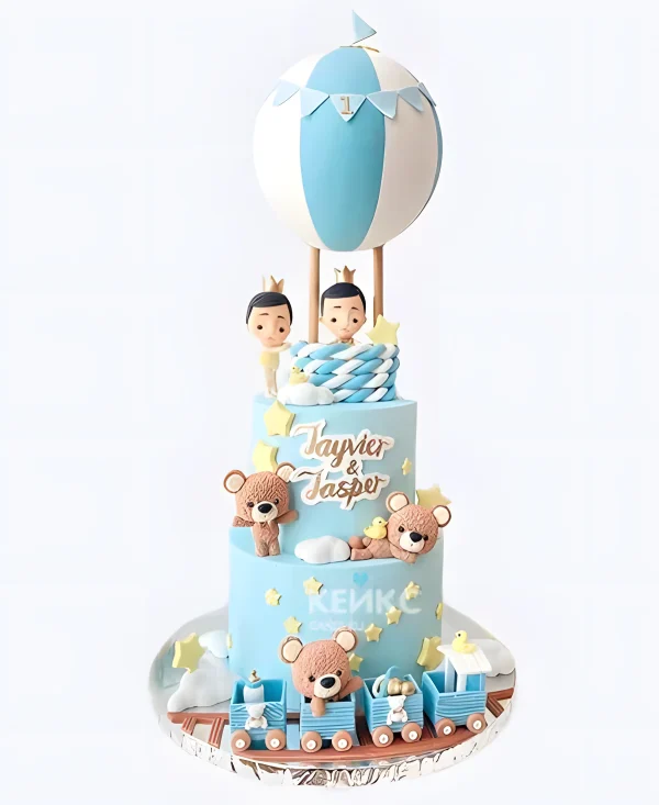 Двухъярусный голубой тортик для двойняшек Фото