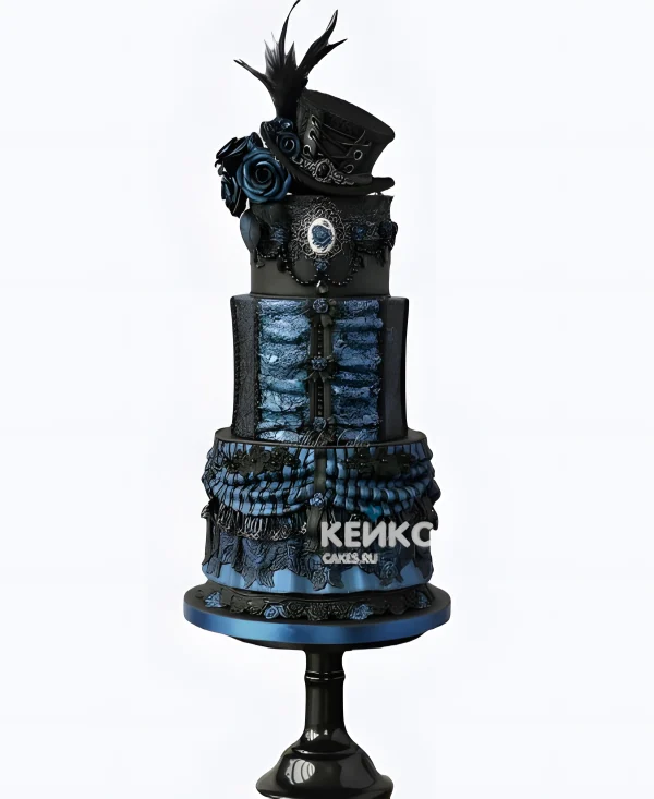 Темный трехъярусный торт с кружевами и шляпкой Фото